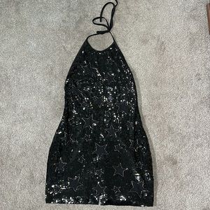 h:ours Women’s Black Sequin Star Embellished Halter Mini Party Concert Dress XL